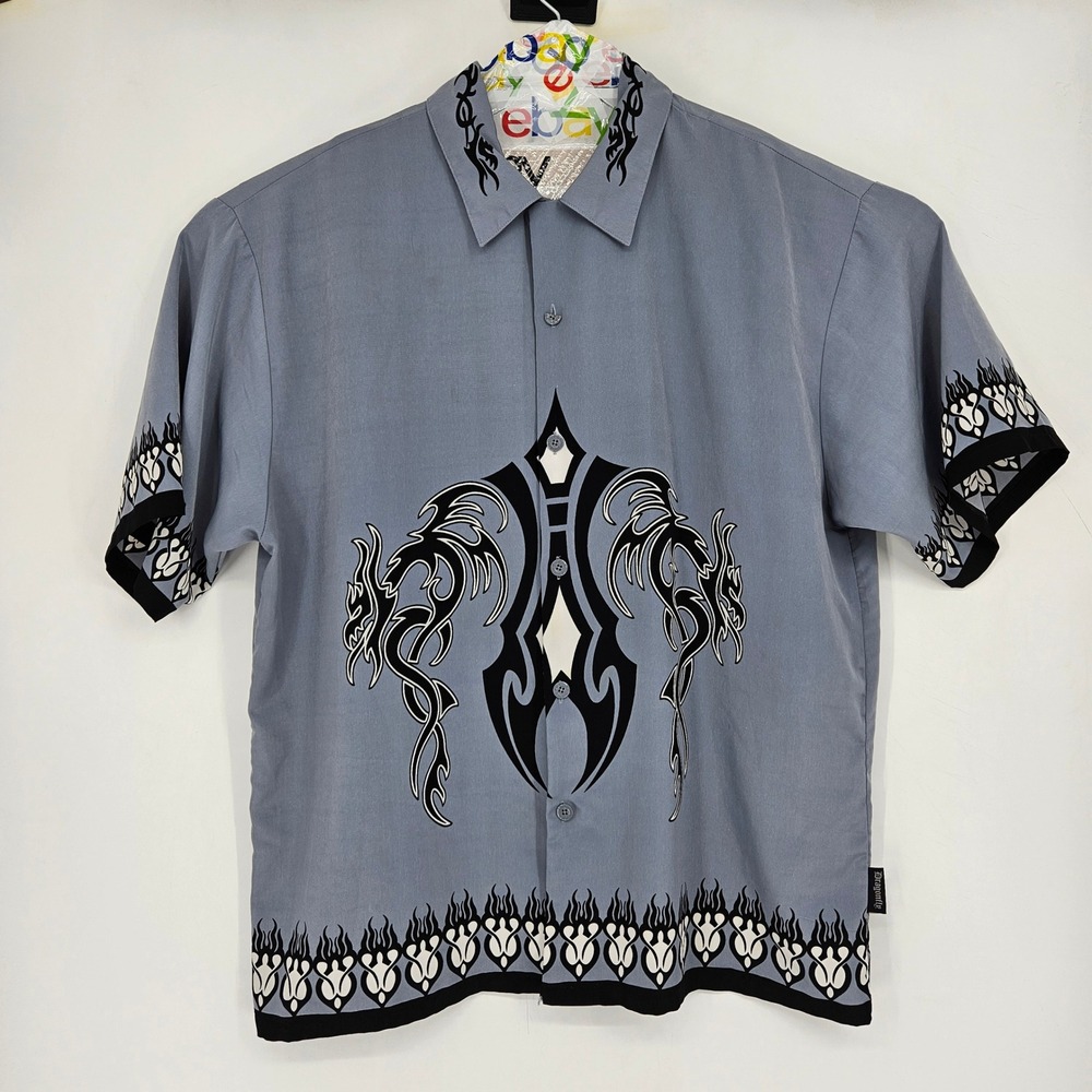 Dragonfly Clothing Shirt Mens XXL Button Up Gray Tribal Pattern Short Sleeve Y2K